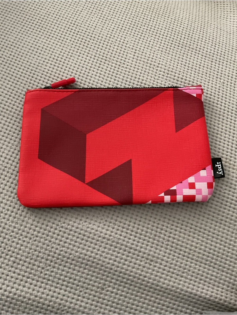 ipsy Red Geometric Zip Pouch with Pink Accent